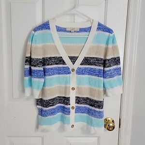 Loft XL, Blue/Cream/Black Striped Cardigan